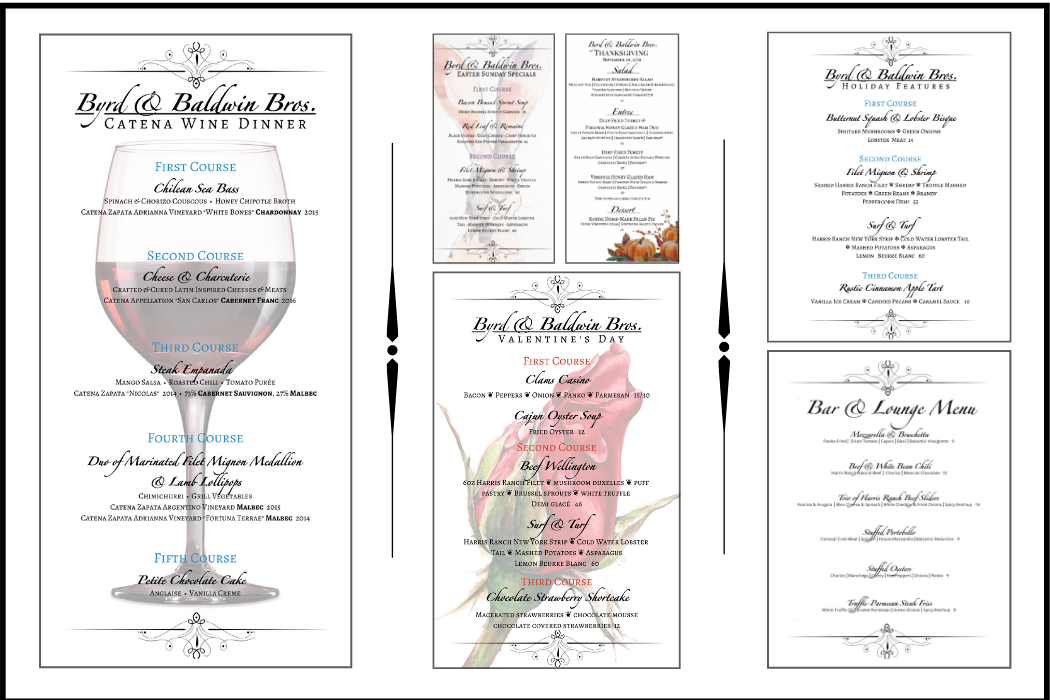 Byrd & Baldwin Menu examples