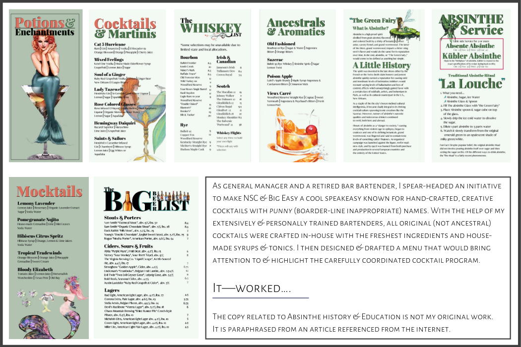Norfolk Seafood Co. & Big Easy Oyster Bar Craft-cocktail program print Graphic & Copy materials
